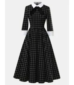 Half Sleeve Bow Trim Plaid Vintage Dress