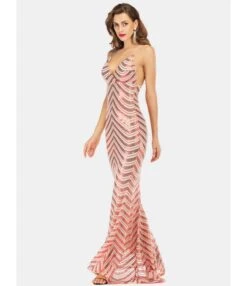 Sleeveless Contrast Cross Back Sequin Evening Maxi Dress