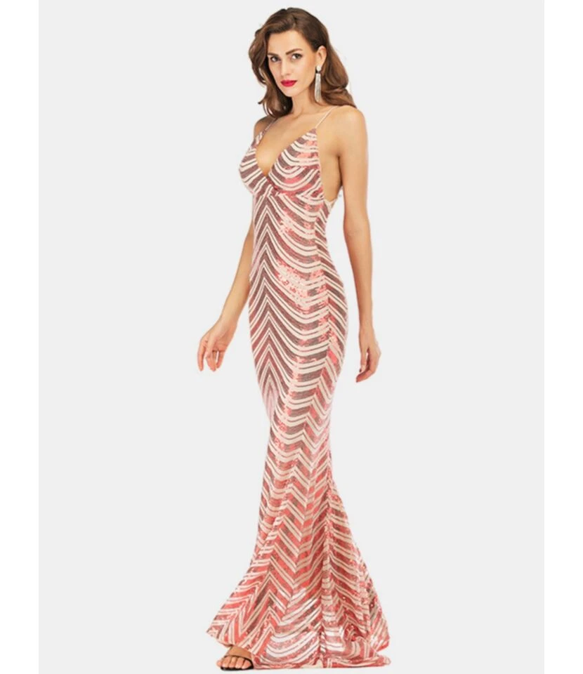 Sleeveless Contrast Cross Back Sequin Evening Maxi Dress 3 Sleeveless Contrast Cross Back Sequin Evening Maxi Dress