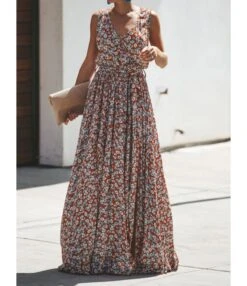 Bohemian V-neck Floral Print Tie Up Split Maxi-Dress 210528724