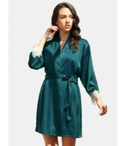 Imitate Silk Lace Stitching Night-gown & Cami Nightdress With Belt 210605491