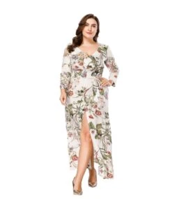Plus Size Floral Split Stretch-waist Three-quarter Sleeves Maxi Dresses 210722791 -DivaLook Shop 210722791 1
