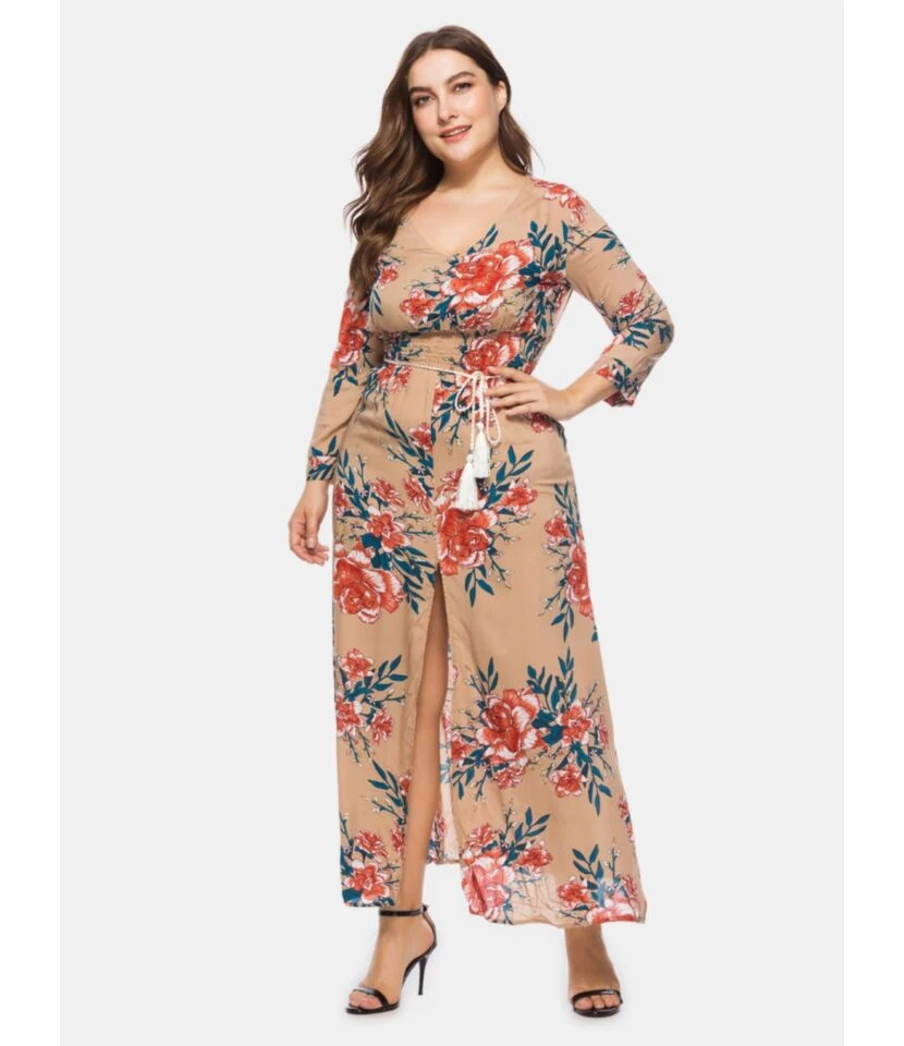Plus Size Floral Split Stretch-waist Three-quarter Sleeves Maxi Dresses 210722791