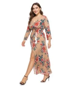 Plus Size Floral Split Stretch-waist Three-quarter Sleeves Maxi Dresses 210722791 -DivaLook Shop 210722791 3