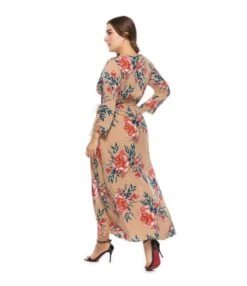 Plus Size Floral Split Stretch-waist Three-quarter Sleeves Maxi Dresses 210722791 -DivaLook Shop 210722791 4
