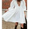 Loose Short Fall Dress Puff Sleeve Deep V-neck 210728397 -DivaLook Shop 210728397 1