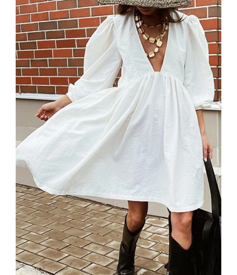 Loose Short Fall Dress Puff Sleeve Deep V-neck 210728397 3 Loose Short Fall Dress Puff Sleeve Deep V-neck 210728397