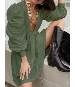 Loose Short Fall Dress Puff Sleeve Deep V-neck 210728397 32 Loose Short Fall Dress Puff Sleeve Deep V-neck 210728397 -DivaLook Shop 210728397 2