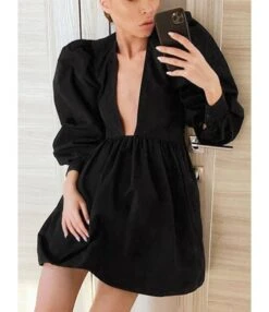 Loose Short Fall Dress Puff Sleeve Deep V-neck 210728397 30 Loose Short Fall Dress Puff Sleeve Deep V-neck 210728397 -DivaLook Shop 210728397 4