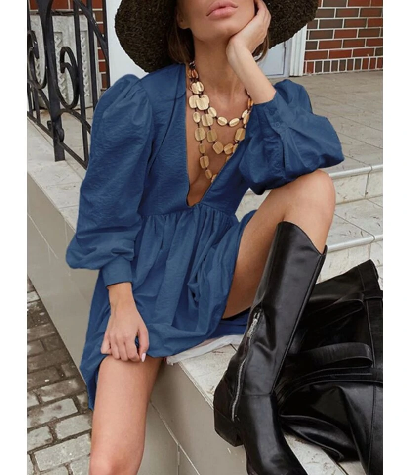 Loose Short Fall Dress Puff Sleeve Deep V-neck 210728397 18 Loose Short Fall Dress Puff Sleeve Deep V-neck 210728397 - Image 16