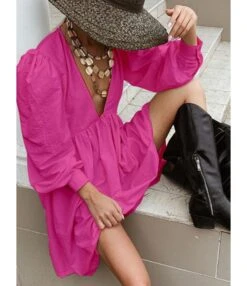 Loose Short Fall Dress Puff Sleeve Deep V-neck 210728397 35 Loose Short Fall Dress Puff Sleeve Deep V-neck 210728397 -DivaLook Shop 210728397 6