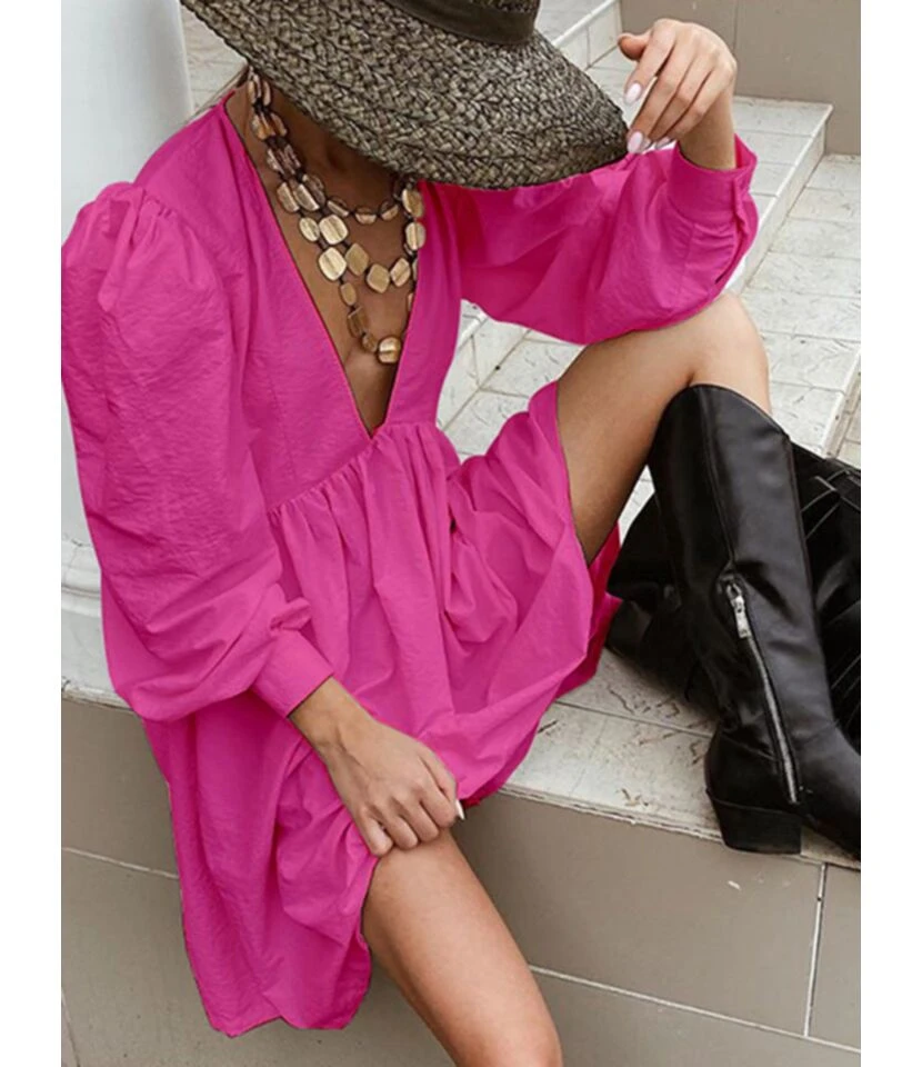 Loose Short Fall Dress Puff Sleeve Deep V-neck 210728397 19 Loose Short Fall Dress Puff Sleeve Deep V-neck 210728397 - Image 17