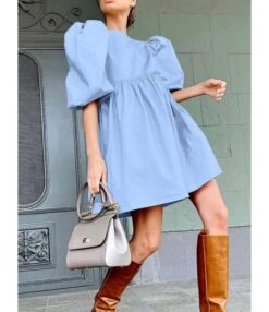 Puff Sleeve Round Neck Solid Loose Dress 210728917 -DivaLook Shop 210728917 1