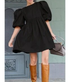 Puff Sleeve Round Neck Solid Loose Dress 210728917 -DivaLook Shop 210728917 2