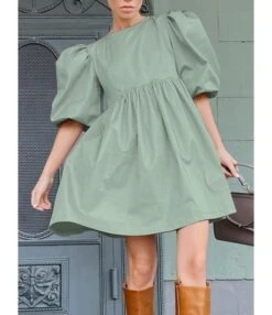 Puff Sleeve Round Neck Solid Loose Dress 210728917 -DivaLook Shop 210728917 3
