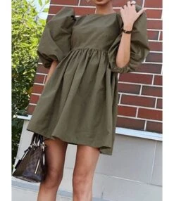 Puff Sleeve Round Neck Solid Loose Dress 210728917 -DivaLook Shop 210728917 4