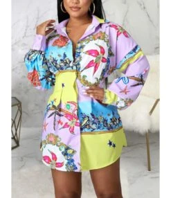 Multicolor Floral Pattern Long Sleeve Shirt Dress 210810256