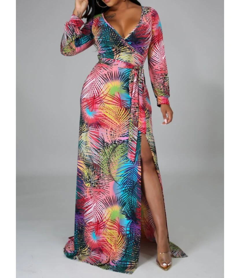 Surplice Collar Low Cut High Slit Printing Maxi Dress 210810304