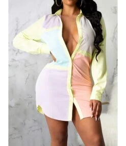 Long Sleeve Color-block Tight Waist Shirt Dress 210810400