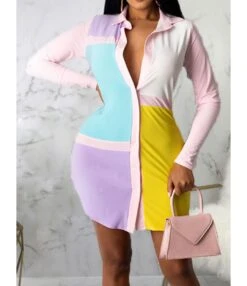 Color-block Lapel Collar High Waist T Shirt Dress Wholesale 210810683