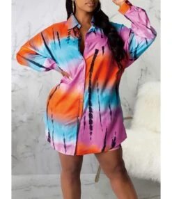 Shirt Short Dress Colorblock Single Button 210810893