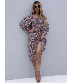 Square Neck Floral Printed High Waist Dress Wholesale Clothing 210820853