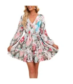 Fashion Floral Sexy V-Neck Lace-Up Dress Long Sleeve Vacation Wholesale Dresses SDN560136