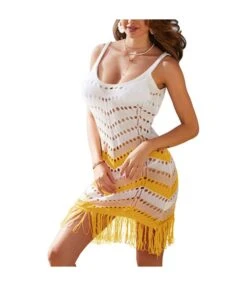 Sexy Hollow Out Tank Dress Color Matching Slim Bikini Cover-Up Fringed Beach Wholesale Dresses SDN560036