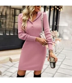 Casual V-Neck Lapel Mini Dress Single-Breasted Long Sleeve Bodycon Wholesale Dresses SDN562274
