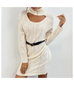 Fashion High Collar Hollow Twist Long Sleeve Sweater Knitted Dress Wholesale Jersey Dresses SDN537230