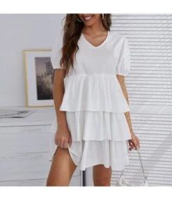 Women Solid Color Puff Sleeve V Neck Layers Wholesale Smocked Dresses SDN580822