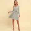 Women Plain Color Long Sleeve V Neck Tie Waist Wholesale Swing Dresses SDN580521
