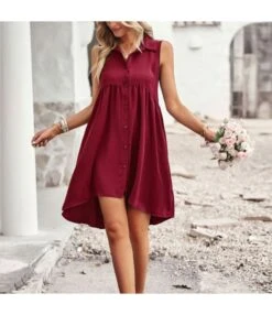 Sleeveless Solid Color Lapel Irregular Hem Tank Dress Wholesale Dresses SDN539519