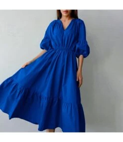 Klein Blue V Neck Puff Sleeve A-Line Dress High Waist Solid Color Midi Wholesale Dresses SDN560941