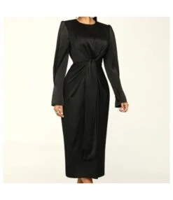 Knot Solid Color Fashion Temperament Round Neck Long Sleeve Design Wholesale Dresses SDN538053