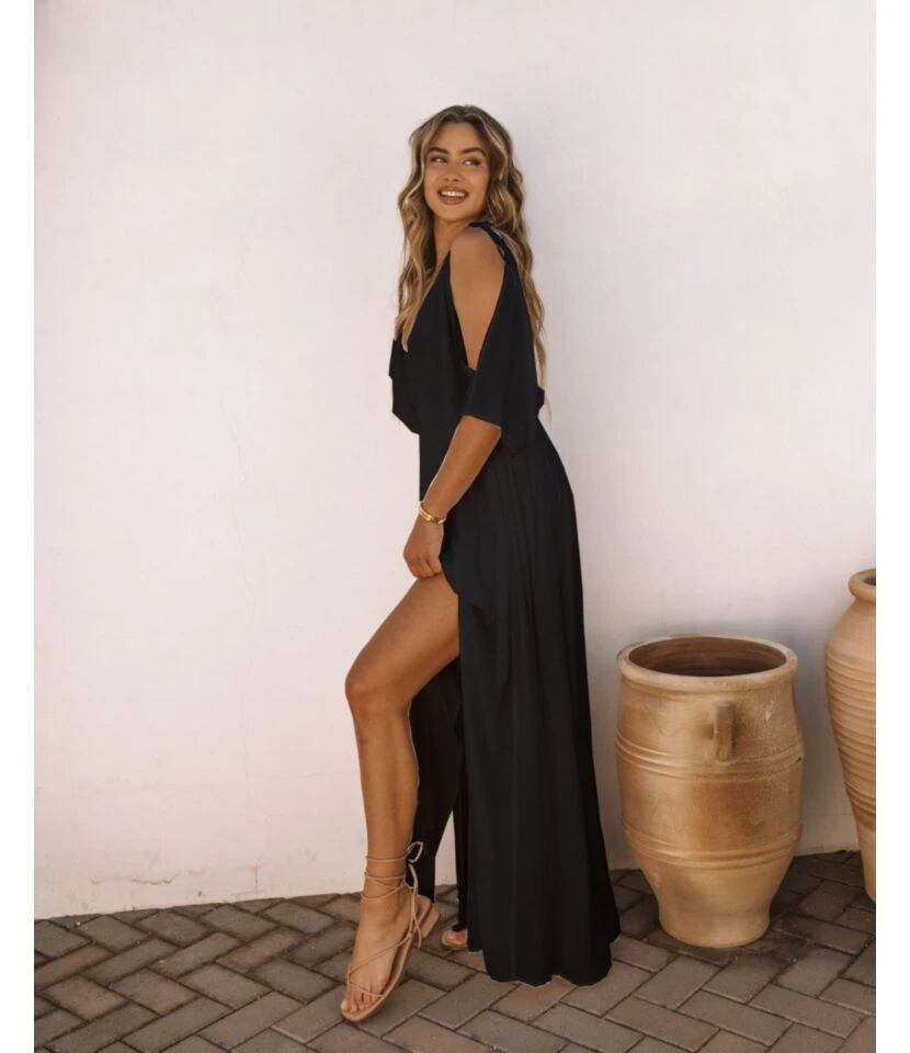 Women Cold Shoulder V Neck Plain Color Pleated Slit Hem Wholesale Swing Dresses SDN580889 11 Women Cold Shoulder V Neck Plain Color Pleated Slit Hem Wholesale Swing Dresses SDN580889 - Image 9