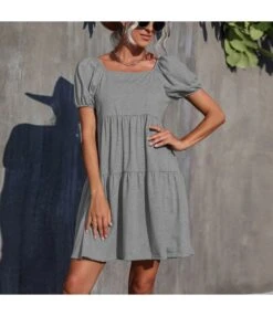 Women Fashion Square Neck Short Sleeve Wholesale Pleated Dresses SD204256