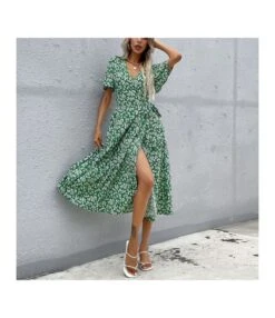 Women Fashion Ruffle Sleeve V Neck Tie Waist Wholesale Floral Dresses SD203712