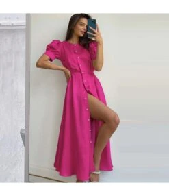 Fashion Crew Neck Puff Sleeve A-Line Midi Dress Single-Breasted Slit Solid Color Wholesale Dresses SD58855 -DivaLook Shop 35ebf083 079e 4ad8 828e 5a042d5e8d97 O1CN01cDKdJE1dqUevJKQZT 3020913787 0 cib
