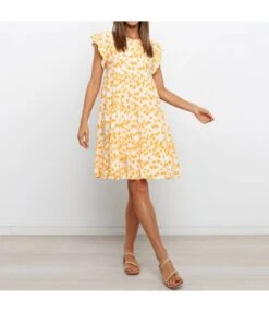 Women Fashion Floral Print Ruffle Short Sleeve High Waist Wholesale A-line Dresses SD184083