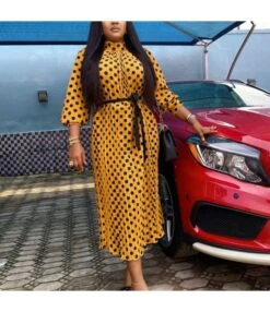 Loose Pleated Polka Dot Maxi Dresses Belt Long Sleeve Wholesale Womens Clothing N3823101700030