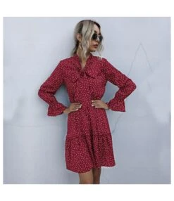 Women Fashion Polka Dot Print Bowknot Ruffle Sleeve Wholesale Swing Dresses SD168561