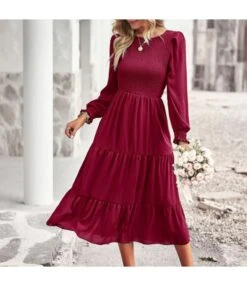 Solid Color Long Sleeve High Waist Mid-Length Smocked Swing Dress Wholesale Dresses SDN539501