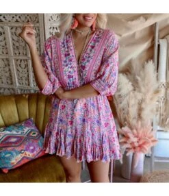 Sexy Deep V-Neck Print Mini Dress Lace-Up High Waist Irregular Wholesale Dresses SDN560501