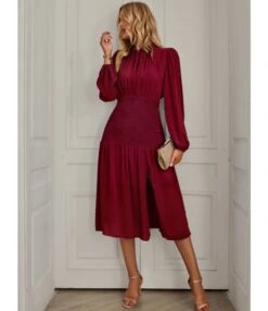 Slit Lantern Sleeve Slim Pleated Solid Color Temperament Midi Dress Wholesale Dresses SDN538027 -DivaLook Shop 4ee82f9f c489 4b79 947c 56cf32d8cec5 cb03b0346b714eef609f3eedaf2dfe50