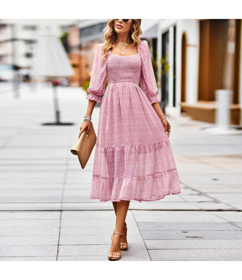 Printed High Waist Square Collar 3/4 Sleeve Flowy Dress Wholesale Dresses N5323021300017