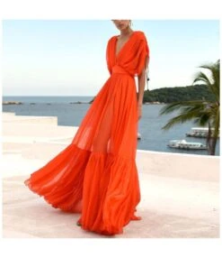 Solid Color V-Neck Drawstring Short Sleeve Chiffon Vacation Wide Swing Dress Wholesale Maxi Dresses SDN533603