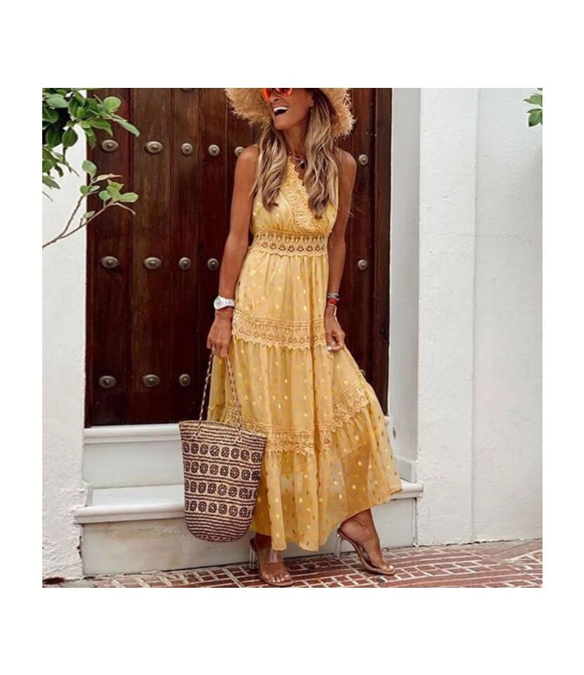 Polka Dot Print Lace Stiching V-Neck Chiffon Slip Swing Dress Sexy Sundresses Trendy Wholesale Maxi Dresses SD531742