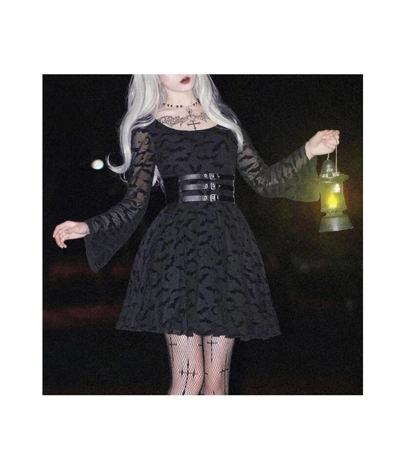 Dark Temperament Bat Jacquard Bell Sleeve A Swing Dress Wholesale Dresses Without Belt N46923031300022 4 Dark Temperament Bat Jacquard Bell Sleeve A Swing Dress Wholesale Dresses Without Belt N46923031300022 - Image 2