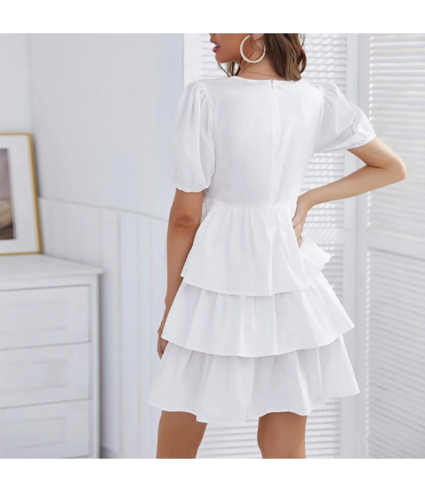 Women Solid Color Puff Sleeve V Neck Layers Wholesale Smocked Dresses SDN580822 7 Women Solid Color Puff Sleeve V Neck Layers Wholesale Smocked Dresses SDN580822 - Image 5